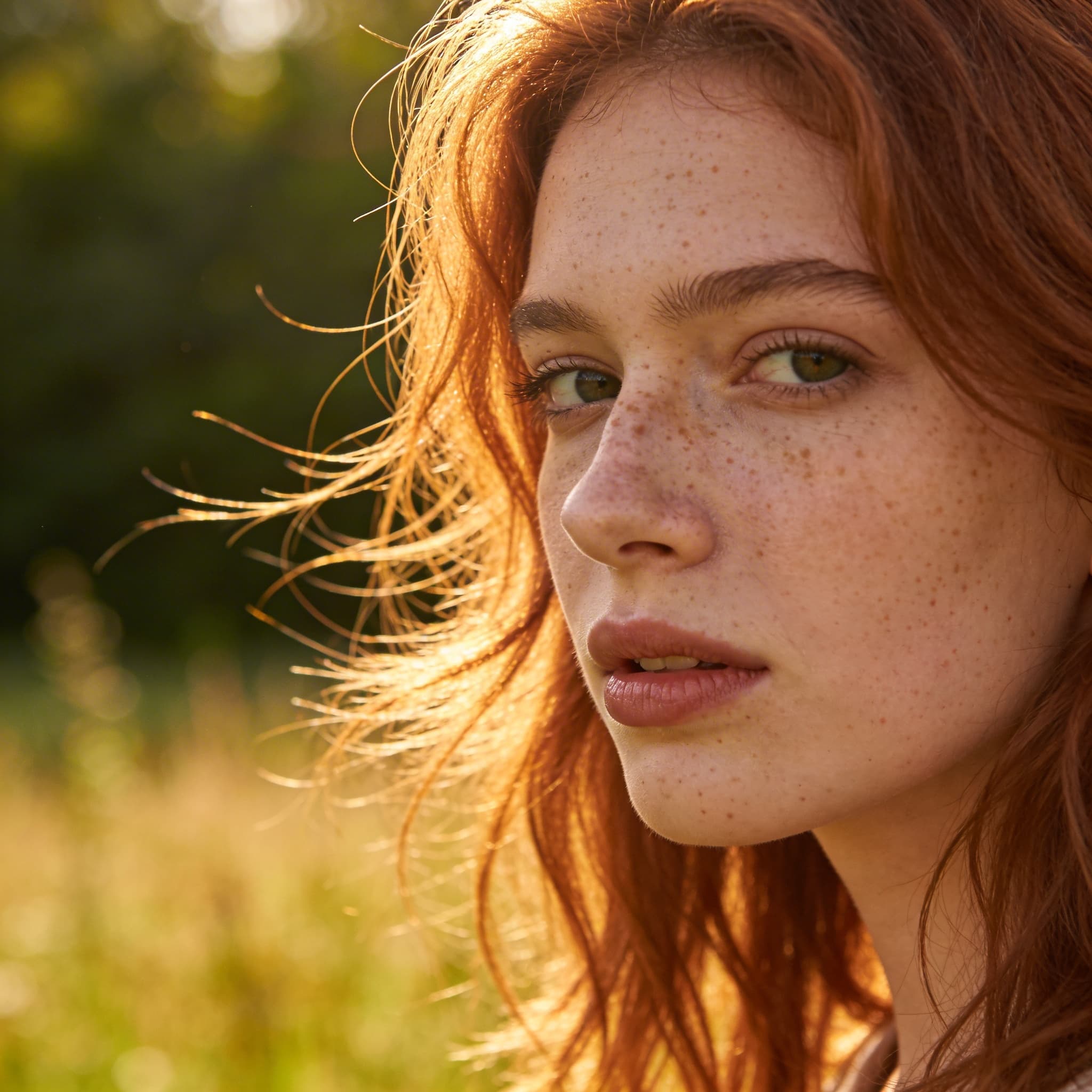 A young woman with freckles and auburn hair, soft golden hour backlight, wind gently bl… — Image generated by Seedream 5 Text-To-Image API